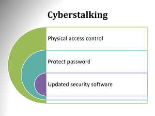 Cyberstalking
Physical access control
Protect password
Updated security software
 