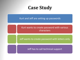 Case Study
Kurt and Jeff are setting up passwords
Kurt wants to create password with various
characters
Jeff wants to create password with letters only
Jeff has to call technical support
 