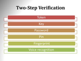 Two-Step Verification
Token
Key
Password
Pin
Fingerprint
Voice recognition
 