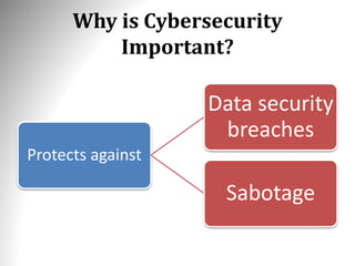 Why is Cybersecurity
Important?
Protects against
Data security
breaches
Sabotage
 