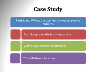 Case Study
Patrick and Willow are opening answering service
business
Patrick says security is not necessary
Willow says hackers can break in
This will disrupt business
 