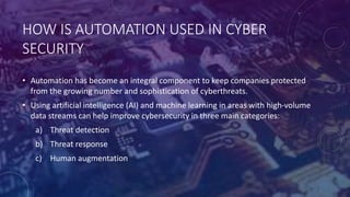 HOW IS AUTOMATION USED IN CYBER
SECURITY
• Automation has become an integral component to keep companies protected
from the growing number and sophistication of cyberthreats.
• Using artificial intelligence (AI) and machine learning in areas with high-volume
data streams can help improve cybersecurity in three main categories:
a) Threat detection
b) Threat response
c) Human augmentation
 