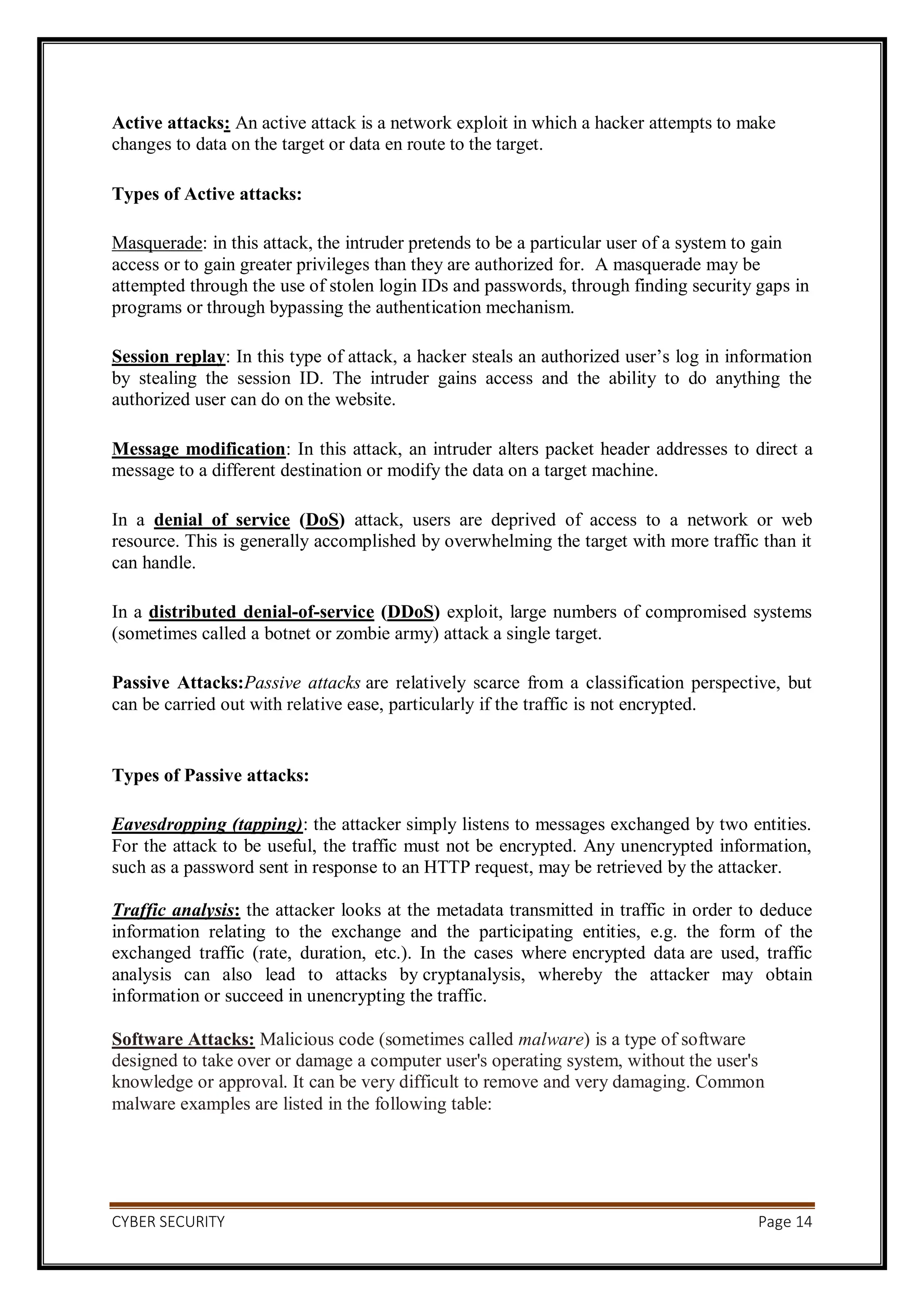 CYBER SECURITY Page 14
Active attacks: An active attack is a network exploit in which a hacker attempts to make
changes to data on the target or data en route to the target.
Types of Active attacks:
Masquerade: in this attack, the intruder pretends to be a particular user of a system to gain
access or to gain greater privileges than they are authorized for. A masquerade may be
attempted through the use of stolen login IDs and passwords, through finding security gaps in
programs or through bypassing the authentication mechanism.
Session replay: In this type of attack, a hacker steals an authorized user’s log in information
by stealing the session ID. The intruder gains access and the ability to do anything the
authorized user can do on the website.
Message modification: In this attack, an intruder alters packet header addresses to direct a
message to a different destination or modify the data on a target machine.
In a denial of service (DoS) attack, users are deprived of access to a network or web
resource. This is generally accomplished by overwhelming the target with more traffic than it
can handle.
In a distributed denial-of-service (DDoS) exploit, large numbers of compromised systems
(sometimes called a botnet or zombie army) attack a single target.
Passive Attacks:Passive attacks are relatively scarce from a classification perspective, but
can be carried out with relative ease, particularly if the traffic is not encrypted.
Types of Passive attacks:
Eavesdropping (tapping): the attacker simply listens to messages exchanged by two entities.
For the attack to be useful, the traffic must not be encrypted. Any unencrypted information,
such as a password sent in response to an HTTP request, may be retrieved by the attacker.
Traffic analysis: the attacker looks at the metadata transmitted in traffic in order to deduce
information relating to the exchange and the participating entities, e.g. the form of the
exchanged traffic (rate, duration, etc.). In the cases where encrypted data are used, traffic
analysis can also lead to attacks by cryptanalysis, whereby the attacker may obtain
information or succeed in unencrypting the traffic.
Software Attacks: Malicious code (sometimes called malware) is a type of software
designed to take over or damage a computer user's operating system, without the user's
knowledge or approval. It can be very difficult to remove and very damaging. Common
malware examples are listed in the following table:
 