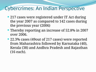 Cybercrimes: An Indian Perspective
 217 cases were registered under IT Act during
the year 2007 as compared to 142 cases during
the previous year (2006)
 Thereby reporting an increase of 52.8% in 2007
over 2006.
 22.3% cases (49out of 217 cases) were reported
from Maharashtra followed by Karnataka (40),
Kerala (38) and Andhra Pradesh and Rajasthan
(16 each).
 