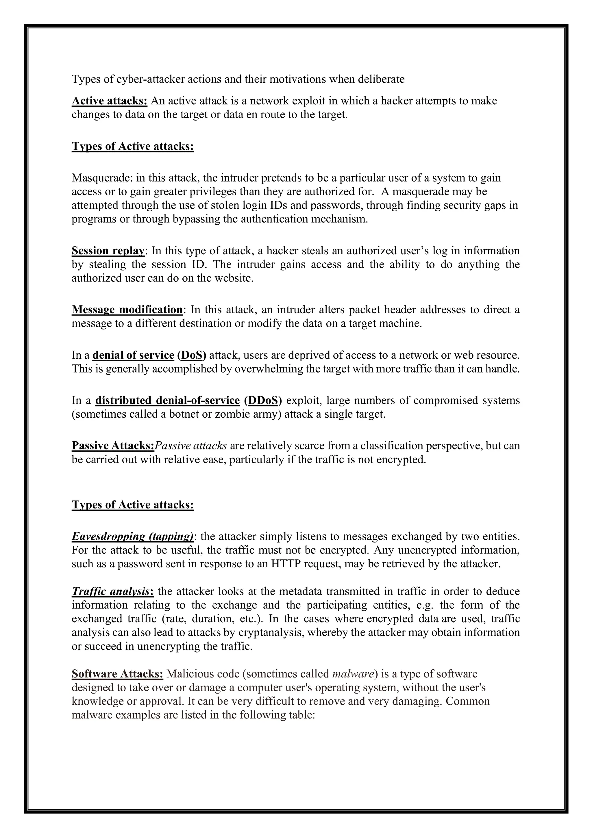 Types of cyber-attacker actions and their motivations when deliberate
Active attacks: An active attack is a network exploit in which a hacker attempts to make
changes to data on the target or data en route to the target.
Types of Active attacks:
Masquerade: in this attack, the intruder pretends to be a particular user of a system to gain
access or to gain greater privileges than they are authorized for. A masquerade may be
attempted through the use of stolen login IDs and passwords, through finding security gaps in
programs or through bypassing the authentication mechanism.
Session replay: In this type of attack, a hacker steals an authorized user’s log in information
by stealing the session ID. The intruder gains access and the ability to do anything the
authorized user can do on the website.
Message modification: In this attack, an intruder alters packet header addresses to direct a
message to a different destination or modify the data on a target machine.
In a denial of service (DoS) attack, users are deprived of access to a network or web resource.
This is generally accomplished by overwhelming the target with more traffic than it can handle.
In a distributed denial-of-service (DDoS) exploit, large numbers of compromised systems
(sometimes called a botnet or zombie army) attack a single target.
Passive Attacks:Passive attacks are relatively scarce from a classification perspective, but can
be carried out with relative ease, particularly if the traffic is not encrypted.
Types of Active attacks:
Eavesdropping (tapping): the attacker simply listens to messages exchanged by two entities.
For the attack to be useful, the traffic must not be encrypted. Any unencrypted information,
such as a password sent in response to an HTTP request, may be retrieved by the attacker.
Traffic analysis: the attacker looks at the metadata transmitted in traffic in order to deduce
information relating to the exchange and the participating entities, e.g. the form of the
exchanged traffic (rate, duration, etc.). In the cases where encrypted data are used, traffic
analysis can also lead to attacks by cryptanalysis, whereby the attacker may obtain information
or succeed in unencrypting the traffic.
Software Attacks: Malicious code (sometimes called malware) is a type of software
designed to take over or damage a computer user's operating system, without the user's
knowledge or approval. It can be very difficult to remove and very damaging. Common
malware examples are listed in the following table:
 
