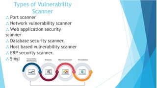Types of Vulnerability
Scanner
 Port scanner
 Network vulnerability scanner
 Web application security
scanner
 Database security scanner.
 Host based vulnerability scanner
 ERP security scanner.
 Single vulnerability tests.
 
