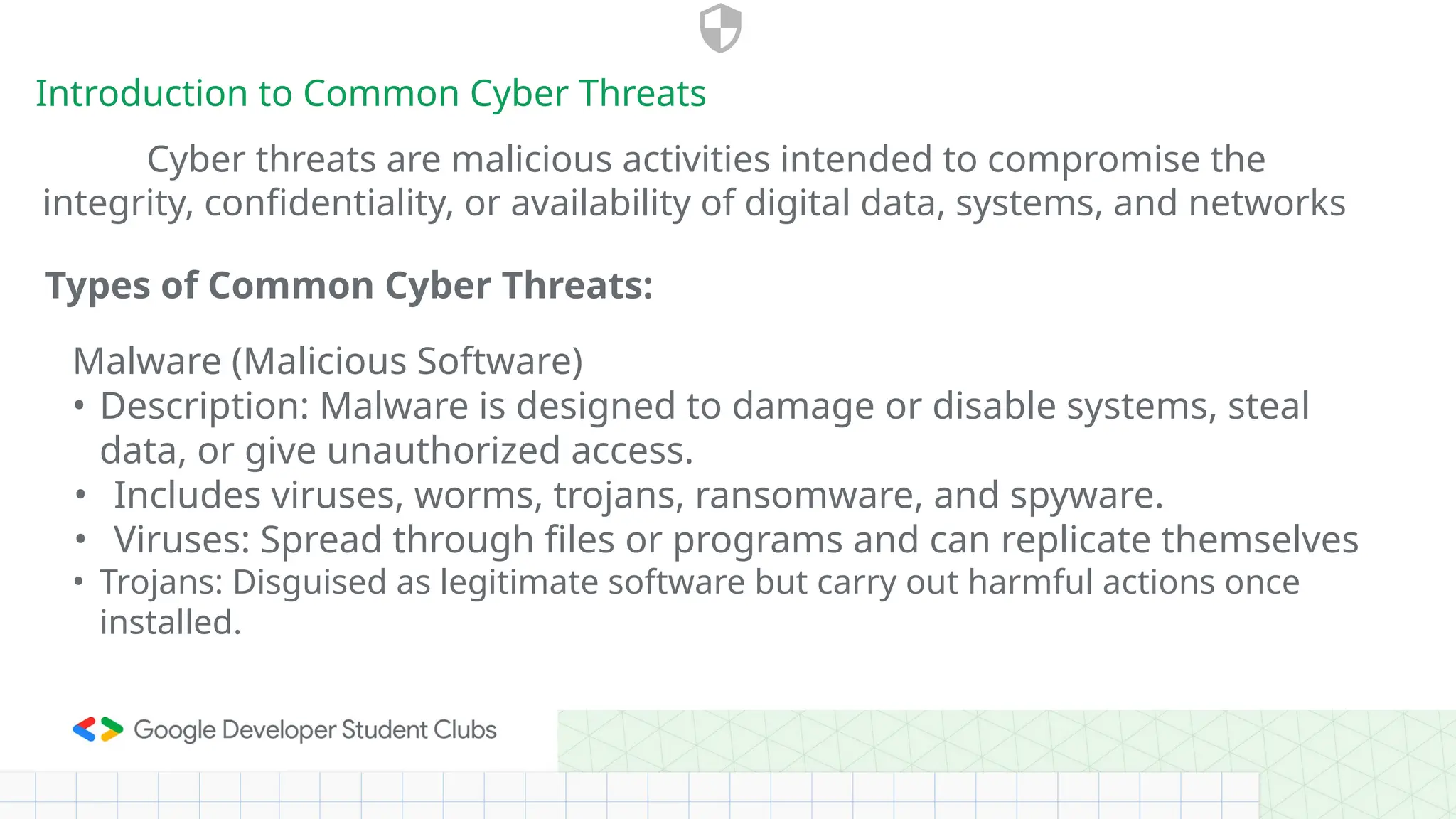 Malware (Malicious Software)
• Description: Malware is designed to damage or disable systems, steal
data, or give unauthorized access.
• Includes viruses, worms, trojans, ransomware, and spyware.
• Viruses: Spread through files or programs and can replicate themselves
• Trojans: Disguised as legitimate software but carry out harmful actions once
installed.
Introduction to Common Cyber Threats
Cyber threats are malicious activities intended to compromise the
integrity, confidentiality, or availability of digital data, systems, and networks
Types of Common Cyber Threats:
 