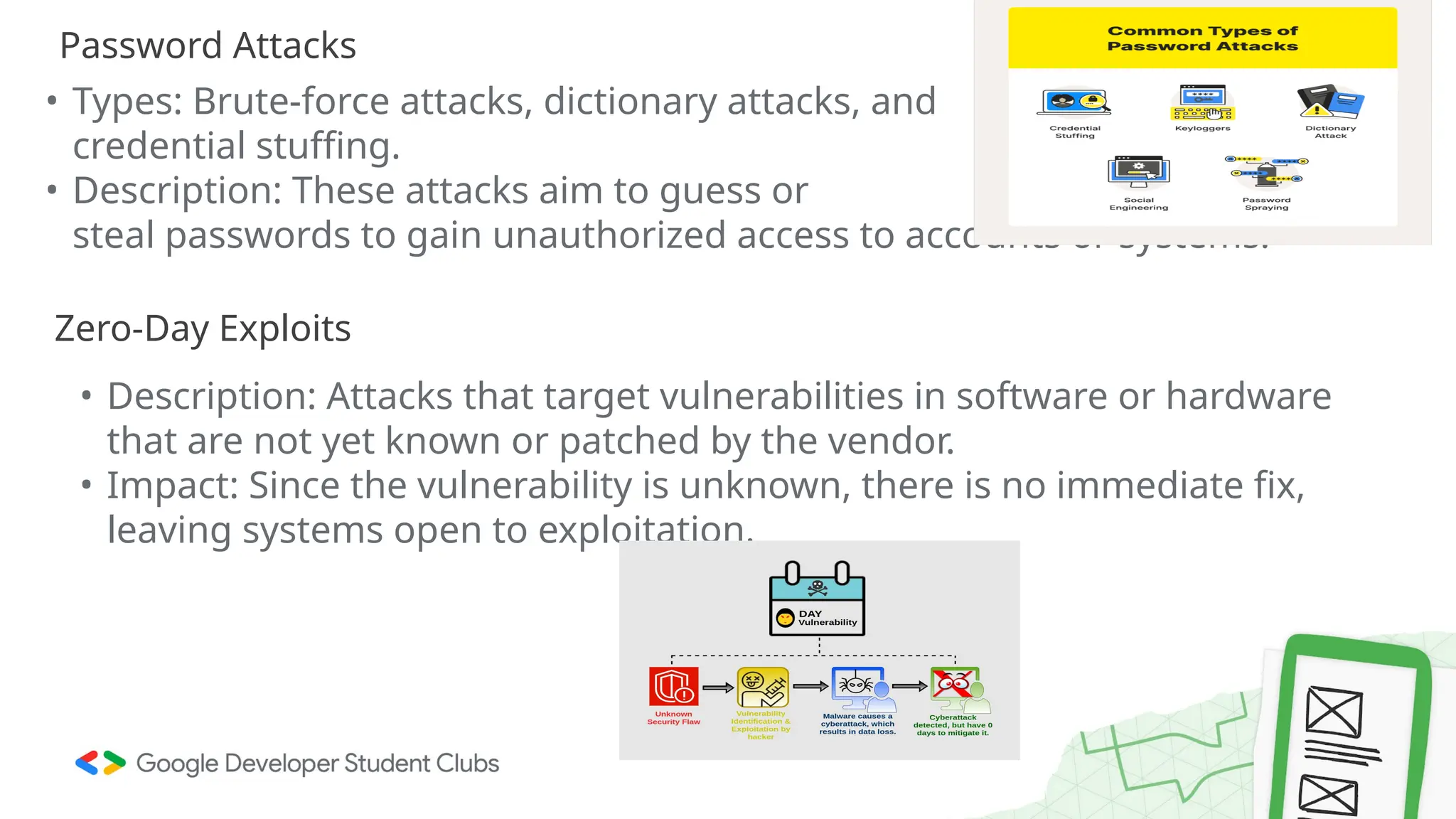 • Types: Brute-force attacks, dictionary attacks, and
credential stuffing.
• Description: These attacks aim to guess or
steal passwords to gain unauthorized access to accounts or systems.
Password Attacks
Zero-Day Exploits
• Description: Attacks that target vulnerabilities in software or hardware
that are not yet known or patched by the vendor.
• Impact: Since the vulnerability is unknown, there is no immediate fix,
leaving systems open to exploitation.
 