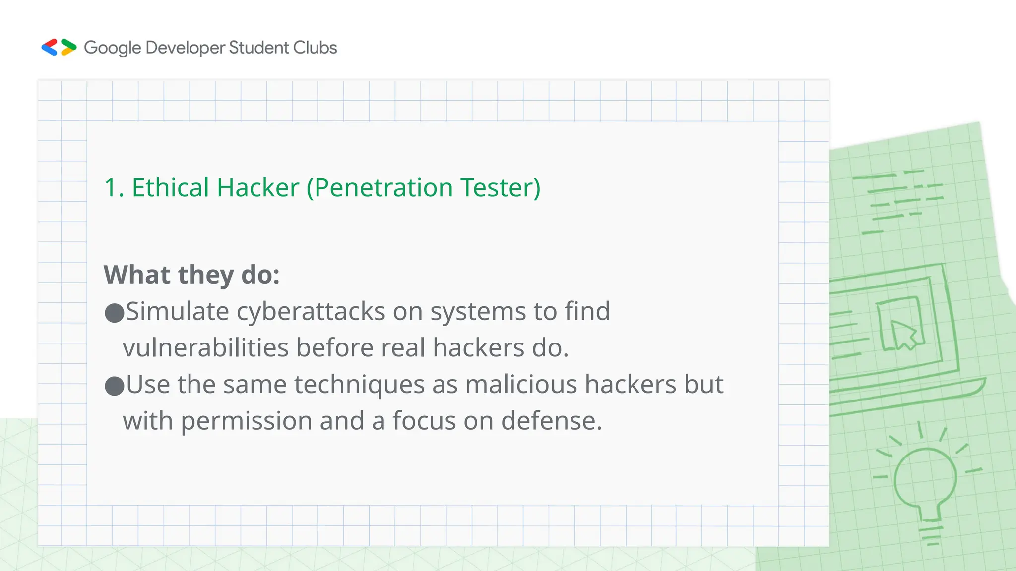 What they do:
●Simulate cyberattacks on systems to find
vulnerabilities before real hackers do.
●Use the same techniques as malicious hackers but
with permission and a focus on defense.
1. Ethical Hacker (Penetration Tester)
 