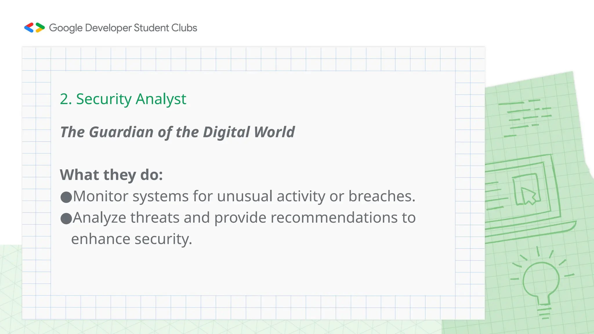 The Guardian of the Digital World
What they do:
●Monitor systems for unusual activity or breaches.
●Analyze threats and provide recommendations to
enhance security.
2. Security Analyst
 