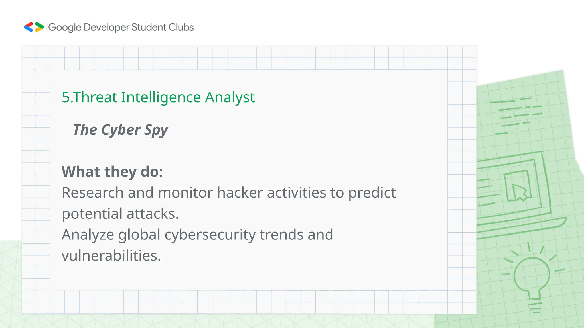 The Cyber Spy
What they do:
Research and monitor hacker activities to predict
potential attacks.
Analyze global cybersecurity trends and
vulnerabilities.
5.Threat Intelligence Analyst
 