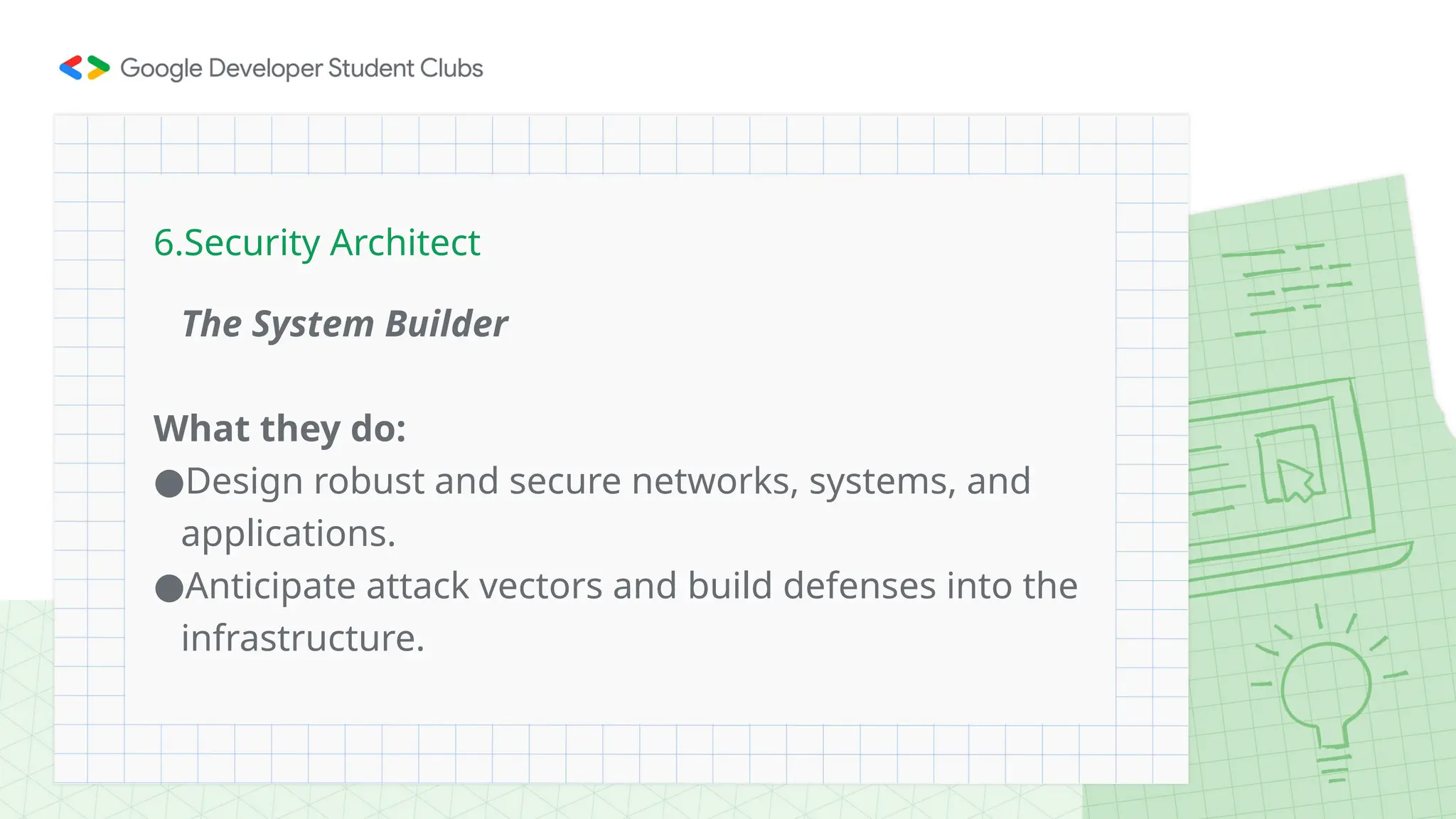 The System Builder
What they do:
●Design robust and secure networks, systems, and
applications.
●Anticipate attack vectors and build defenses into the
infrastructure.
6.Security Architect
 