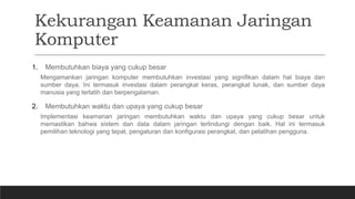 Kekurangan Keamanan Jaringan
Komputer
1. Membutuhkan biaya yang cukup besar
Mengamankan jaringan komputer membutuhkan investasi yang signifikan dalam hal biaya dan
sumber daya. Ini termasuk investasi dalam perangkat keras, perangkat lunak, dan sumber daya
manusia yang terlatih dan berpengalaman.
2. Membutuhkan waktu dan upaya yang cukup besar
Implementasi keamanan jaringan membutuhkan waktu dan upaya yang cukup besar untuk
memastikan bahwa sistem dan data dalam jaringan terlindungi dengan baik. Hal ini termasuk
pemilihan teknologi yang tepat, pengaturan dan konfigurasi perangkat, dan pelatihan pengguna.
 