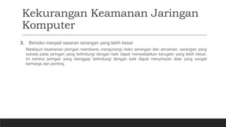 Kekurangan Keamanan Jaringan
Komputer
3. Berisiko menjadi sasaran serangan yang lebih besar
Meskipun keamanan jaringan membantu mengurangi risiko serangan dan ancaman, serangan yang
sukses pada jaringan yang terlindungi dengan baik dapat menyebabkan kerugian yang lebih besar.
Ini karena jaringan yang dianggap terlindungi dengan baik dapat menyimpan data yang sangat
berharga dan penting.
 