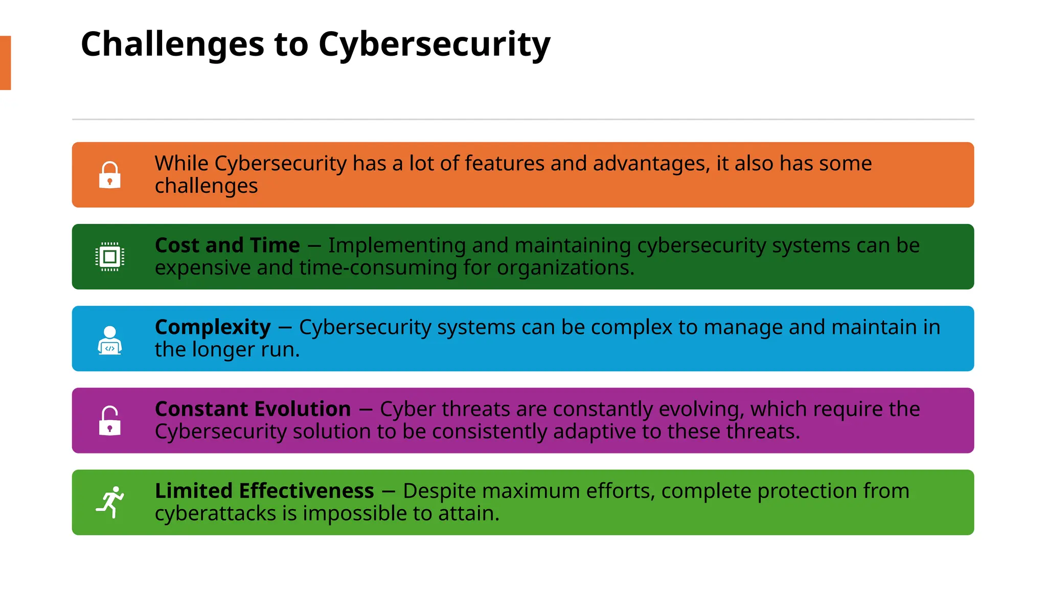 Challenges to Cybersecurity
While Cybersecurity has a lot of features and advantages, it also has some
challenges
Cost and Time Implementing and maintaining cybersecurity systems can be
−
expensive and time-consuming for organizations.
Complexity Cybersecurity systems can be complex to manage and maintain in
−
the longer run.
Constant Evolution Cyber threats are constantly evolving, which require the
−
Cybersecurity solution to be consistently adaptive to these threats.
Limited Effectiveness Despite maximum efforts, complete protection from
−
cyberattacks is impossible to attain.
 
