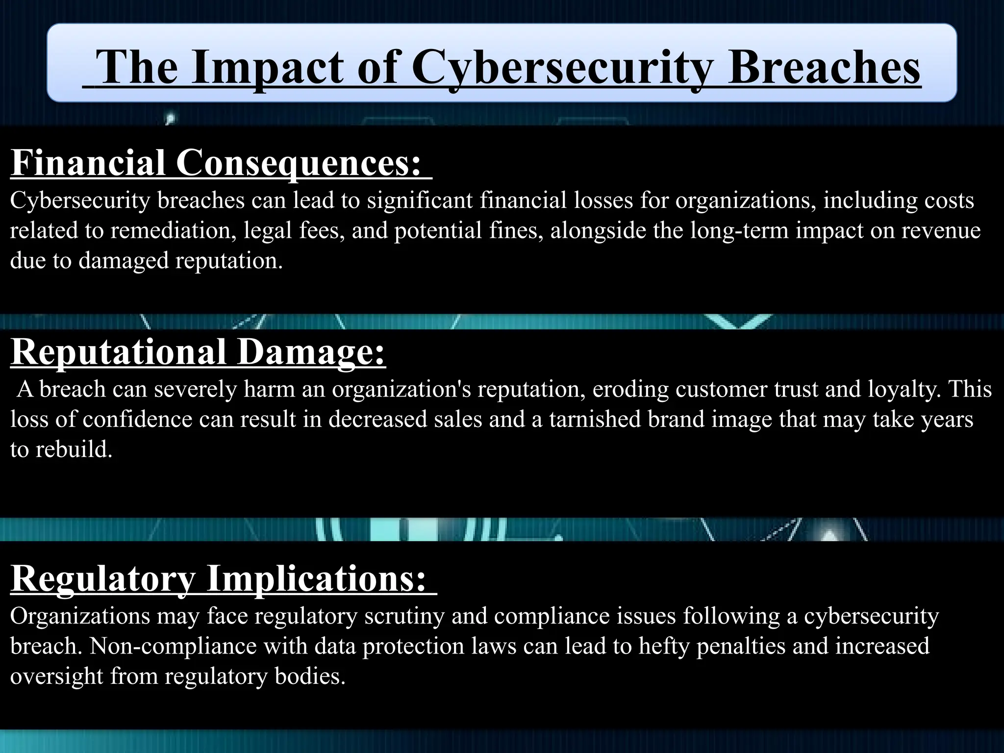 The Impact of Cybersecurity Breaches
Financial Consequences:
Cybersecurity breaches can lead to significant financial losses for organizations, including costs
related to remediation, legal fees, and potential fines, alongside the long-term impact on revenue
due to damaged reputation.
Reputational Damage:
A breach can severely harm an organization's reputation, eroding customer trust and loyalty. This
loss of confidence can result in decreased sales and a tarnished brand image that may take years
to rebuild.
Regulatory Implications:
Organizations may face regulatory scrutiny and compliance issues following a cybersecurity
breach. Non-compliance with data protection laws can lead to hefty penalties and increased
oversight from regulatory bodies.
 
