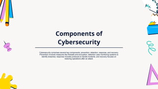 Components of
Cybersecurity
Cybersecurity comprises several key components: prevention, detection, response, and recovery.
Prevention involves measures like firewalls and encryption; detection uses monitoring systems to
identify breaches; response includes protocols to handle incidents; and recovery focuses on
restoring operations after an attack.
 