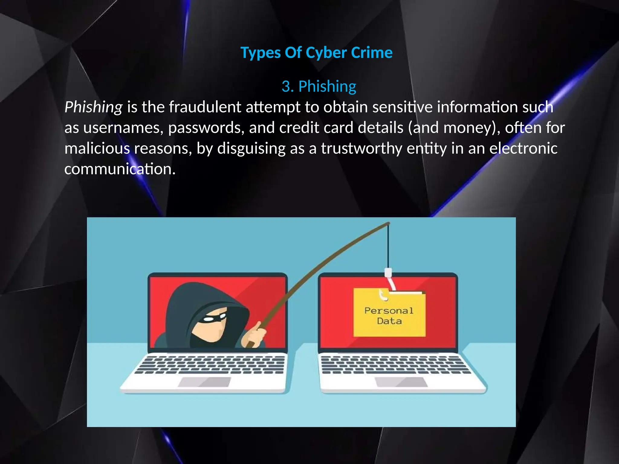 Types Of Cyber Crime
3. Phishing
Phishing is the fraudulent attempt to obtain sensitive information such
as usernames, passwords, and credit card details (and money), often for
malicious reasons, by disguising as a trustworthy entity in an electronic
communication.
 