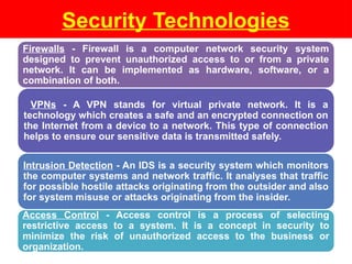 Firewalls - Firewall is a computer network security system
designed to prevent unauthorized access to or from a private
network. It can be implemented as hardware, software, or a
combination of both.
VPNs - A VPN stands for virtual private network. It is a
technology which creates a safe and an encrypted connection on
the Internet from a device to a network. This type of connection
helps to ensure our sensitive data is transmitted safely.
Intrusion Detection - An IDS is a security system which monitors
the computer systems and network traffic. It analyses that traffic
for possible hostile attacks originating from the outsider and also
for system misuse or attacks originating from the insider.
Access Control - Access control is a process of selecting
restrictive access to a system. It is a concept in security to
minimize the risk of unauthorized access to the business or
organization.
Security Technologies
 