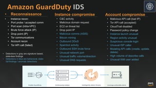 Amazon GuardDuty IDS
• Reconnaissance
• Instance recon:
• Port probe / accepted comm
• Port scan (intra-VPC)
• Brute force...