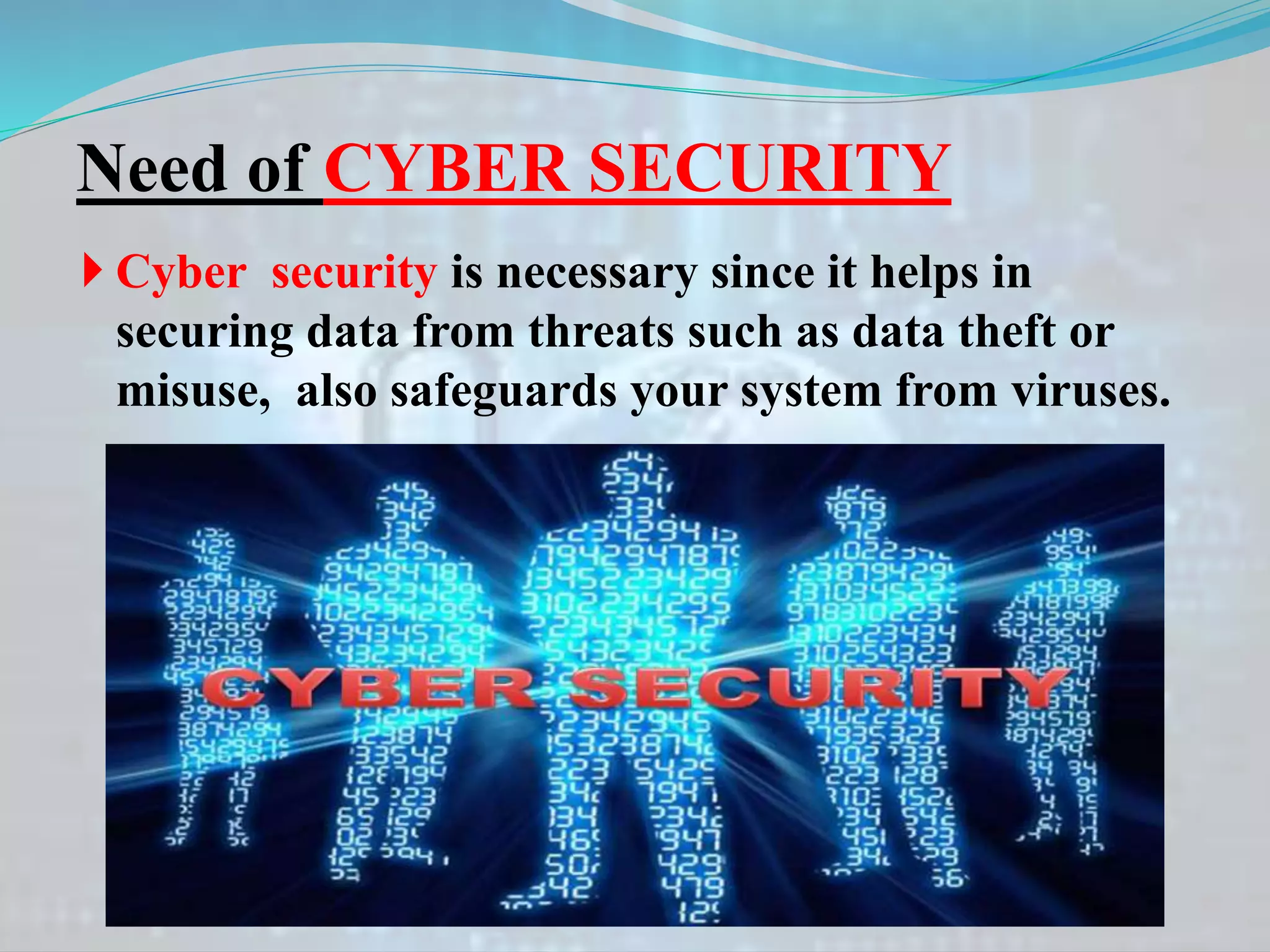 Need of CYBER SECURITY
 Cyber security is necessary since it helps in
securing data from threats such as data theft or
misuse, also safeguards your system from viruses.
 