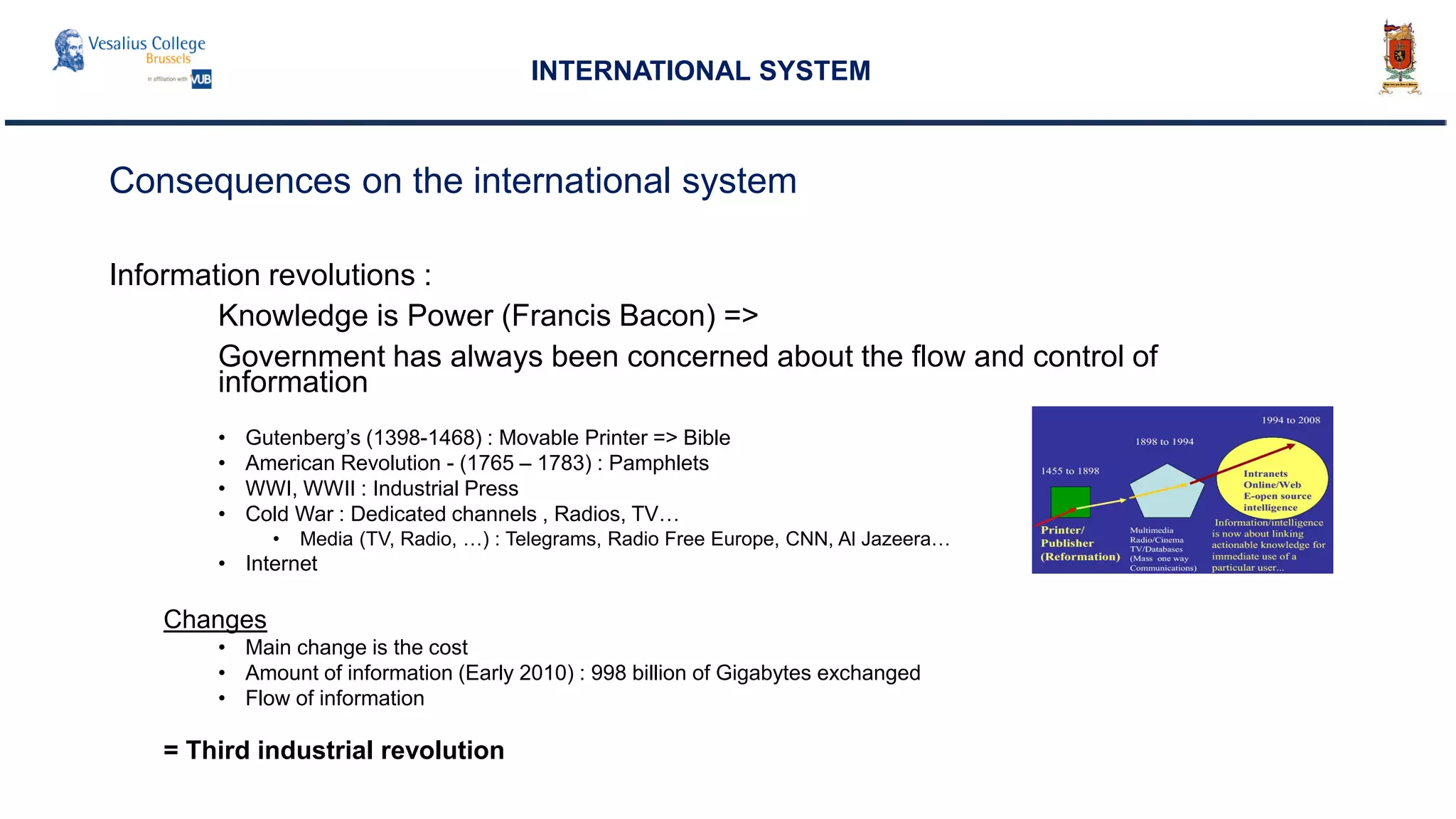 Consequences on the international system
Information revolutions :
Knowledge is Power (Francis Bacon) =>
Government has always been concerned about the flow and control of
information
• Gutenberg’s (1398-1468) : Movable Printer => Bible
• American Revolution - (1765 – 1783) : Pamphlets
• WWI, WWII : Industrial Press
• Cold War : Dedicated channels , Radios, TV…
• Media (TV, Radio, …) : Telegrams, Radio Free Europe, CNN, Al Jazeera…
• Internet
Changes
• Main change is the cost
• Amount of information (Early 2010) : 998 billion of Gigabytes exchanged
• Flow of information
= Third industrial revolution
INTERNATIONAL SYSTEM
 