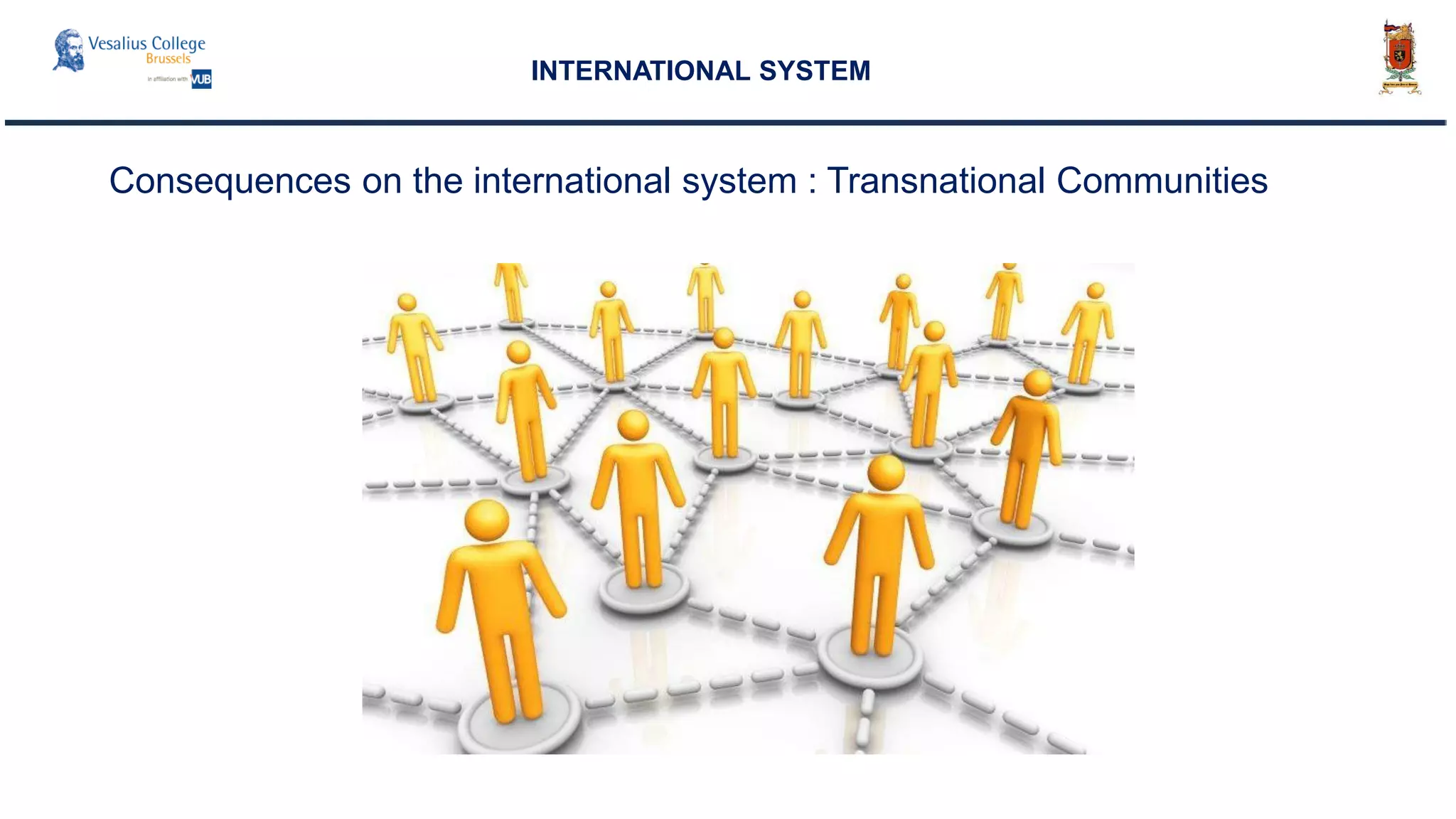 Consequences on the international system : Transnational Communities
INTERNATIONAL SYSTEM
 