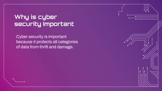Cyber security is important
because it protects all categories
of data from thrift and damage.
Why is cyber
security Important