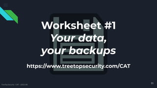 Worksheet #1
Your data,
your backups
https://www.treetopsecurity.com/CAT
11
TreeTop Security - CAT - v2021.08
 