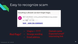 Easy to recognize scam
○ Viagra <- ?!?!?!
○ Strange wording
○ Email address
26
Domain name
Expected email?
Interesting link
Red ﬂags?
TreeTop Security - CAT - v2021.08
 