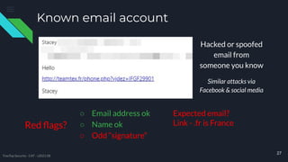 Known email account
○ Email address ok
○ Name ok
○ Odd “signature”
27
Expected email?
Link - .fr is France
Hacked or spoofed
email from
someone you know
Similar attacks via
Facebook & social media
Red ﬂags?
TreeTop Security - CAT - v2021.08
 