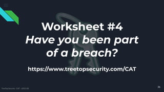 36
TreeTop Security - CAT - v2021.08
Worksheet #4
Have you been part
of a breach?
https://www.treetopsecurity.com/CAT
 