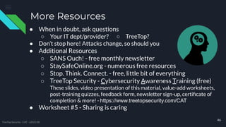 More Resources
● When in doubt, ask questions
○ Your IT dept/provider?
● Don’t stop here! Attacks change, so should you
● Additional Resources
○ SANS Ouch! - free monthly newsletter
○ StaySafeOnline.org - numerous free resources
○ Stop. Think. Connect. - free, little bit of everything
○ TreeTop Security - Cybersecurity Awareness Training (free)
These slides, video presentation of this material, value-add worksheets,
post-training quizzes, feedback form, newsletter sign-up, certiﬁcate of
completion & more! - https://www.treetopsecurity.com/CAT
● Worksheet #5 - Sharing is caring
46
○ TreeTop?
TreeTop Security - CAT - v2021.08
 