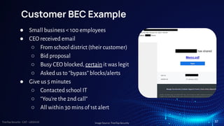 TreeTop Security - CAT - v2024.03
Customer BEC Example
● Small business < 100 employees
● CEO received email
○ From school district (their customer)
○ Bid proposal
○ Busy CEO blocked, certain it was legit
○ Asked us to “bypass” blocks/alerts
● Give us 5 minutes
○ Contacted school IT
○ “You’re the 2nd call”
○ All within 30 mins of 1st alert
Image Source: TreeTop Security
37
 