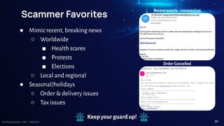 TreeTop Security - CAT - v2024.03
Scammer Favorites
● Mimic recent, breaking news
○ Worldwide
■ Health scares
■ Protests
■ Elections
○ Local and regional
● Seasonal/holidays
○ Order & delivery issues
○ Tax issues
Keep your guard up!
Recent events - coronavirus
Order Cancelled
39
 