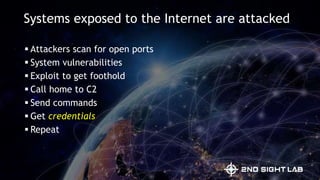 Systems exposed to the Internet are attacked
 Attackers scan for open ports
 System vulnerabilities
 Exploit to get foothold
 Call home to C2
 Send commands
 Get credentials
 Repeat
 