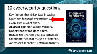20 cybersecurity questions
 Key factors that drive data breaches.
 Learn fundamental cybersecurity.
 Study how attacks work.
 Abstract common attack vectors.
 Understand what stops them.
 Reduce the chances you give attackers.
 Create metrics that make a difference.
 Automated reporting + Manual analysis.
 