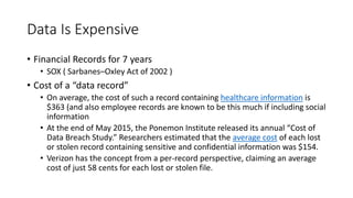 Data Is Expensive
• Financial Records for 7 years
• SOX ( Sarbanes–Oxley Act of 2002 )
• Cost of a “data record”
• On average, the cost of such a record containing healthcare information is
$363 (and also employee records are known to be this much if including social
information
• At the end of May 2015, the Ponemon Institute released its annual “Cost of
Data Breach Study.” Researchers estimated that the average cost of each lost
or stolen record containing sensitive and confidential information was $154.
• Verizon has the concept from a per-record perspective, claiming an average
cost of just 58 cents for each lost or stolen file.
 