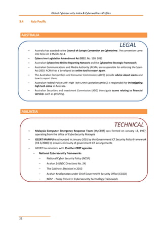 Global Cybersecurity Index & Cyberwellness Profiles
22
3.4 Asia Pacific
AUSTRALIA
MALAYSIA
– Australia has acceded to the Council of Europe Convention on Cybercrime. The convention came
into force on 1 March 2013.
– Cybercrime Legislation Amendment Act 2012, No. 120, 2012
– Australian Cybercrime Online Reporting Network and the Cybercrime Strategic Framework
– Australian Communications and Media Authority (ACMA) are responsible for enforcing the Spam
Act 2003. ACMA has a developed an online tool to report spam.
– The Australian Competition and Consumer Commission (ACCC) provide advice about scams and
how to report them.
– Australian Federal Police (AFP) High Tech Crime Operations (HTCO) is responsible for investigating
high tech crime in Australia.
– Australian Securities and Investment Commission (ASIC) investigate scams relating to financial
services such as phishing.
LEGAL
– Malaysia Computer Emergency Response Team (MyCERT) was formed on January 13, 1997,
operating from the office of CyberSecurity Malaysia
– GCERT MAMPU was founded in January 2001 by the Government ICT Security Policy Framework
(PA 3/2000) to ensure continuity of government ICT arrangements
– GCERT has relations with 55 other CERT agencies
– National Cybersecurity Frameworks
– National Cyber Security Policy (NCSP)
– Arahan 24 (NSC Directives No. 24)
– The Cabinet’s Decision in 2010
– Arahan Keselamatan under Chief Government Security Office (CGSO)
– NCSP – Policy Thrust 3: Cybersecurity Technology Framework
TECHNICAL
 