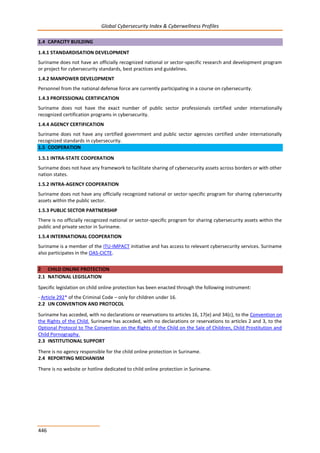 Global Cybersecurity Index & Cyberwellness Profiles
446
1.4 CAPACITY BUILDING
1.4.1 STANDARDISATION DEVELOPMENT
Suriname does not have an officially recognized national or sector-specific research and development program
or project for cybersecurity standards, best practices and guidelines.
1.4.2 MANPOWER DEVELOPMENT
Personnel from the national defense force are currently participating in a course on cybersecurity.
1.4.3 PROFESSIONAL CERTIFICATION
Suriname does not have the exact number of public sector professionals certified under internationally
recognized certification programs in cybersecurity.
1.4.4 AGENCY CERTIFICATION
Suriname does not have any certified government and public sector agencies certified under internationally
recognized standards in cybersecurity.
1.5 COOPERATION
1.5.1 INTRA-STATE COOPERATION
Suriname does not have any framework to facilitate sharing of cybersecurity assets across borders or with other
nation states.
1.5.2 INTRA-AGENCY COOPERATION
Suriname does not have any officially recognized national or sector-specific program for sharing cybersecurity
assets within the public sector.
1.5.3 PUBLIC SECTOR PARTNERSHIP
There is no officially recognized national or sector-specific program for sharing cybersecurity assets within the
public and private sector in Suriname.
1.5.4 INTERNATIONAL COOPERATION
Suriname is a member of the ITU-IMPACT initiative and has access to relevant cybersecurity services. Suriname
also participates in the OAS-CICTE.
2 CHILD ONLINE PROTECTION
2.1 NATIONAL LEGISLATION
Specific legislation on child online protection has been enacted through the following instrument:
- Article 292* of the Criminal Code – only for children under 16.
2.2 UN CONVENTION AND PROTOCOL
Suriname has acceded, with no declarations or reservations to articles 16, 17(e) and 34(c), to the Convention on
the Rights of the Child. Suriname has acceded, with no declarations or reservations to articles 2 and 3, to the
Optional Protocol to The Convention on the Rights of the Child on the Sale of Children, Child Prostitution and
Child Pornography.
2.3 INSTITUTIONAL SUPPORT
There is no agency responsible for the child online protection in Suriname.
2.4 REPORTING MECHANISM
There is no website or hotline dedicated to child online protection in Suriname.
 