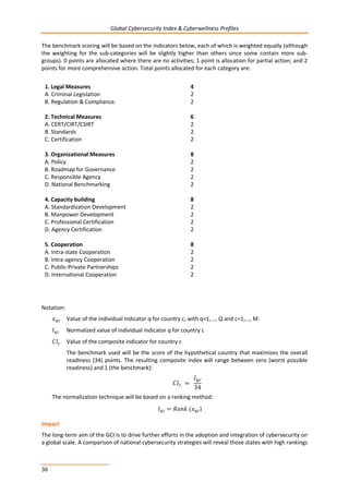 Global Cybersecurity Index & Cyberwellness Profiles
36
The benchmark scoring will be based on the indicators below, each of which is weighted equally (although
the weighting for the sub-categories will be slightly higher than others since some contain more sub-
groups). 0 points are allocated where there are no activities; 1 point is allocation for partial action; and 2
points for more comprehensive action. Total points allocated for each category are:
1. Legal Measures 4
A. Criminal Legislation 2
B. Regulation & Compliance. 2
2. Technical Measures 6
A. CERT/CIRT/CSIRT 2
B. Standards 2
C. Certification 2
3. Organizational Measures 8
A. Policy 2
B. Roadmap for Governance 2
C. Responsible Agency 2
D. National Benchmarking 2
4. Capacity building 8
A. Standardization Development 2
B. Manpower Development 2
C. Professional Certification 2
D. Agency Certification 2
5. Cooperation 8
A. Intra-state Cooperation 2
B. Intra-agency Cooperation 2
C. Public-Private Partnerships 2
D. International Cooperation 2
Notation:
𝑥 𝑞𝑐 Value of the individual indicator q for country c, with q=1,..., Q and c=1,..., M.
𝐼 𝑞𝑐 Normalized value of individual indicator q for country c
𝐶𝐼𝑐 Value of the composite indicator for country c
The benchmark used will be the score of the hypothetical country that maximizes the overall
readiness (34) points. The resulting composite index will range between zero (worst possible
readiness) and 1 (the benchmark):
𝐶𝐼𝑐 =
𝐼 𝑞𝑐
34
The normalization technique will be based on a ranking method:
𝐼 𝑞𝑐 = 𝑅𝑎𝑛𝑘 (𝑥 𝑞𝑐)
Impact
The long-term aim of the GCI is to drive further efforts in the adoption and integration of cybersecurity on
a global scale. A comparison of national cybersecurity strategies will reveal those states with high rankings
 