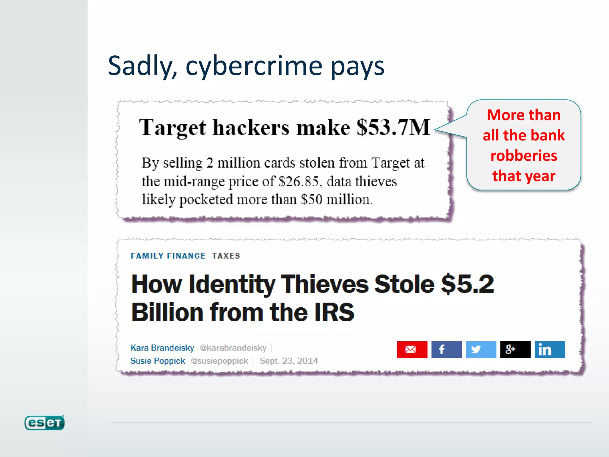 Sadly, cybercrime pays
More than
all the bank
robberies
that year
 