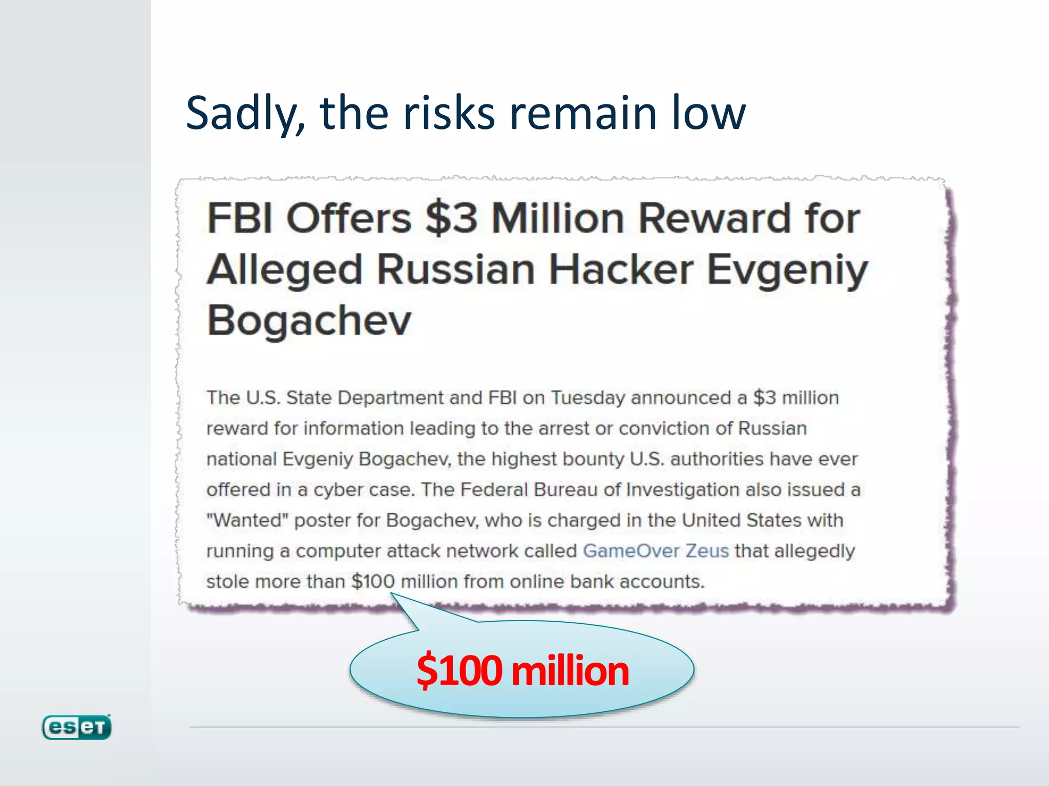 Sadly, the risks remain low
$100million
 