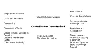 Centralised vs Decentralised
It’s about control.

Not about technology.
Single Point of Failure
Redundancy
Users as Stakeholders
Users as Consumers
Sovereign Identity

Sovereign Data
Outsourcing
Economies of Scale
Biased towards Outside-In
Security

(Security Perimeters)

(VPNs)

(Centralised Authority)
Biased towards

Inside-Out Security

(Foolproof)

(Trustless Systems)

(Zero Knowledge
Proofs)
Borderless and
Accessibility
The pendulum is swinging
 