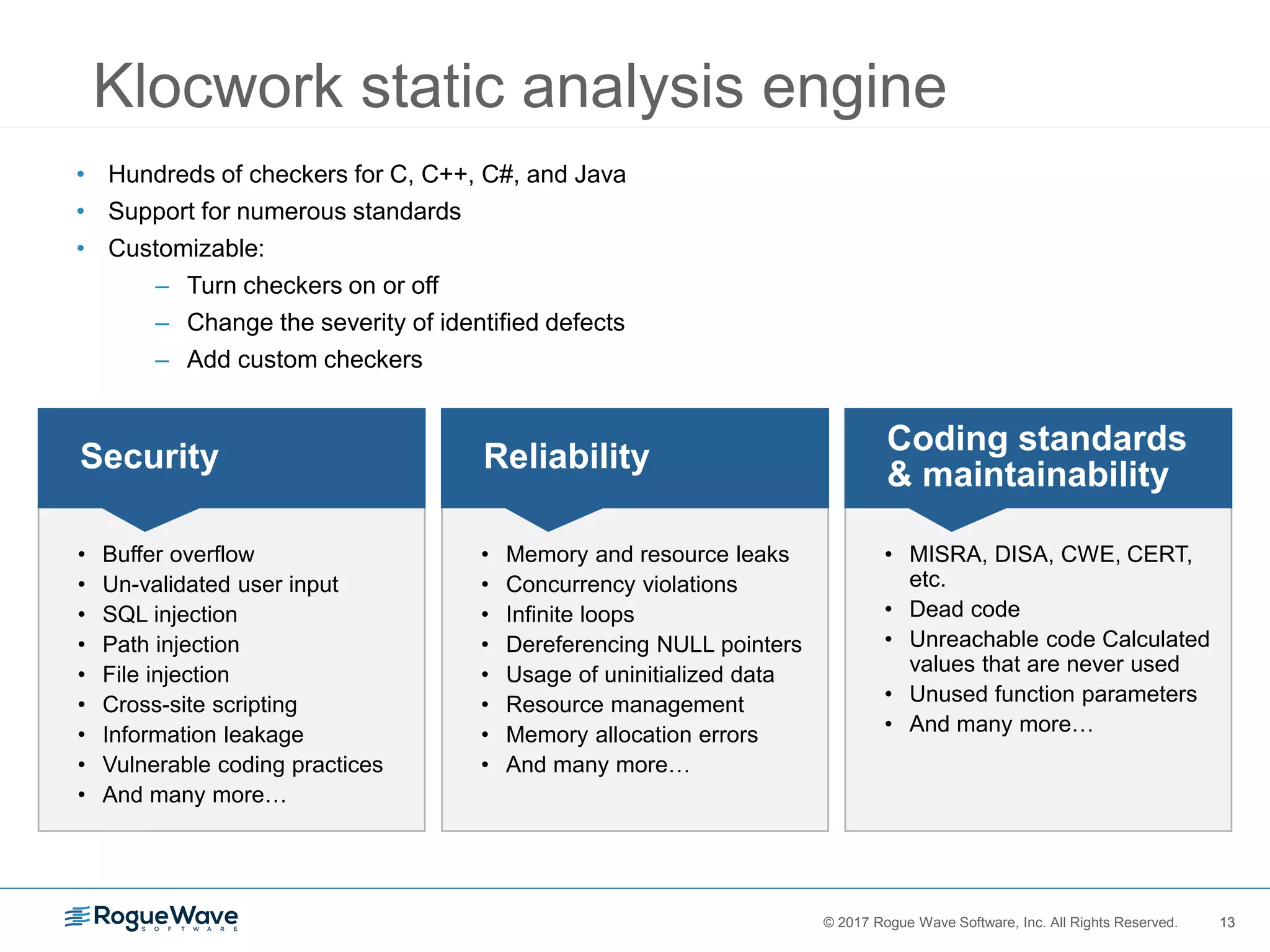 13© 2017 Rogue Wave Software, Inc. All Rights Reserved. 13
• Hundreds of checkers for C, C++, C#, and Java
• Support for numerous standards
• Customizable:
– Turn checkers on or off
– Change the severity of identified defects
– Add custom checkers
Klocwork static analysis engine
• MISRA, DISA, CWE, CERT,
etc.
• Dead code
• Unreachable code Calculated
values that are never used
• Unused function parameters
• And many more…
Coding standards
& maintainability
• Memory and resource leaks
• Concurrency violations
• Infinite loops
• Dereferencing NULL pointers
• Usage of uninitialized data
• Resource management
• Memory allocation errors
• And many more…
Reliability
• Buffer overflow
• Un-validated user input
• SQL injection
• Path injection
• File injection
• Cross-site scripting
• Information leakage
• Vulnerable coding practices
• And many more…
Security
 