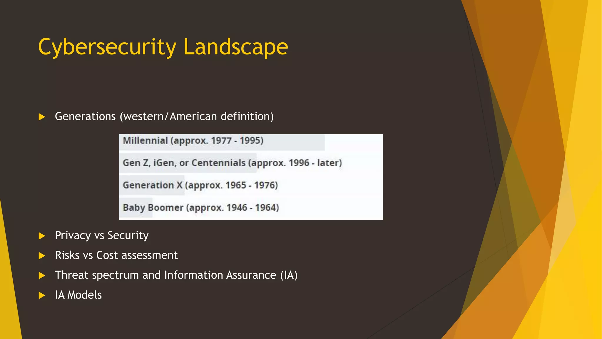 Cybersecurity Landscape
 Generations (western/American definition)
 Privacy vs Security
 Risks vs Cost assessment
 Threat spectrum and Information Assurance (IA)
 IA Models
 