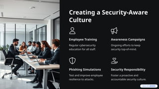 Creating a Security-Aware
Culture
Employee Training
Regular cybersecurity
education for all staff.
Awareness Campaigns
Ongoing efforts to keep
security top-of-mind.
Phishing Simulations
Test and improve employee
resilience to attacks.
Security Responsibility
Foster a proactive and
accountable security culture.
 