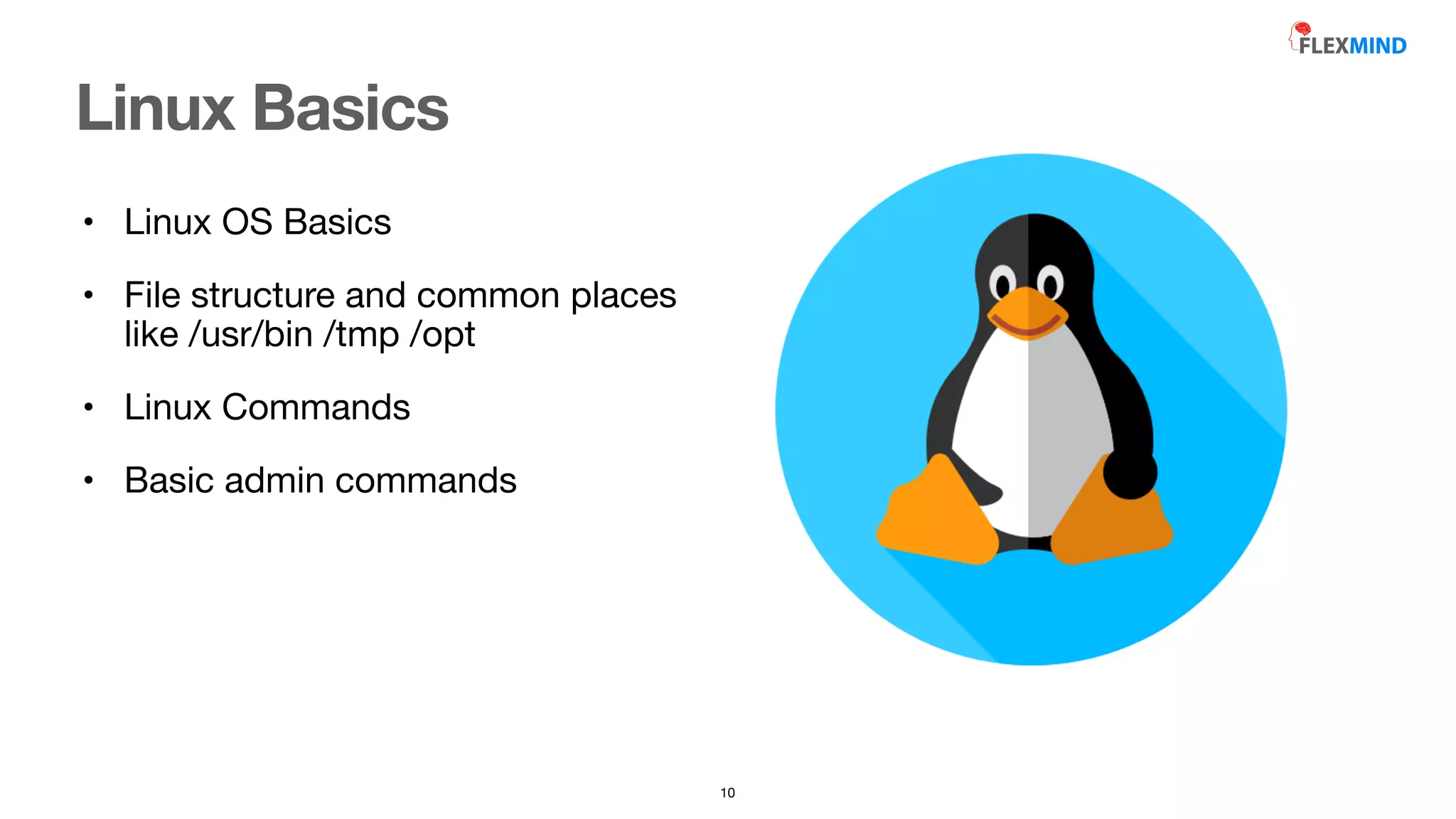 • Linux OS Basics

• File structure and common places
like /usr/bin /tmp /opt

• Linux Commands

• Basic admin commands
Linux Basics
10
 