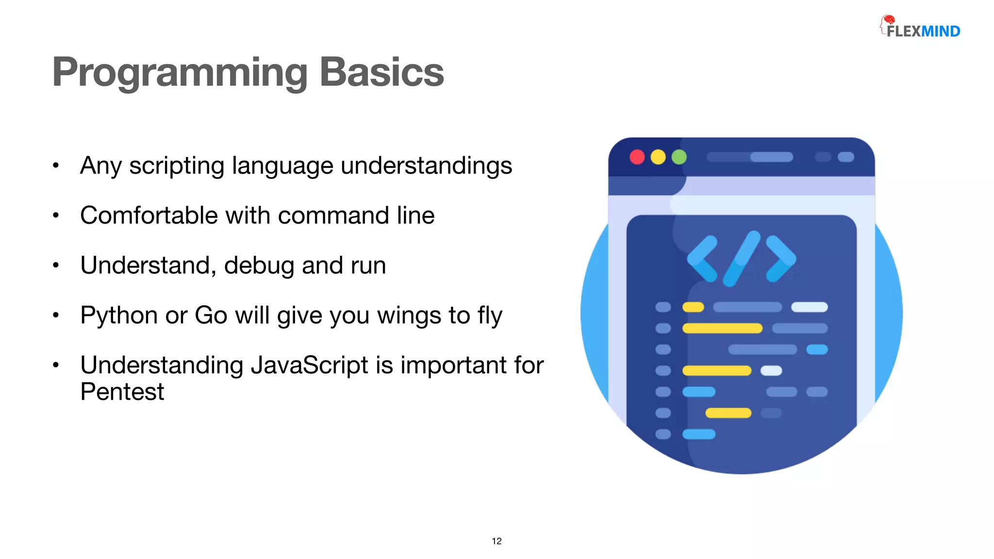 • Any scripting language understandings

• Comfortable with command line 

• Understand, debug and run

• Python or Go will give you wings to
fl
y

• Understanding JavaScript is important for
Pentest
Programming Basics
12
 