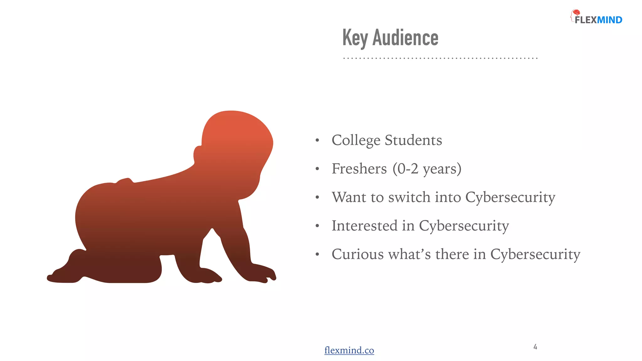 flexmind.co
Key Audience
• College Students


• Freshers (0-2 years)


• Want to switch into Cybersecurity


• Interested in Cybersecurity


• Curious what’s there in Cybersecurity
4
 